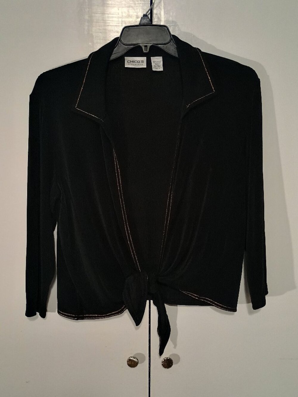 Chico’s Travelers Black Tie Front Jacket Cardigan Contrast Stitch Size 3 XL - Picture 2 of 7